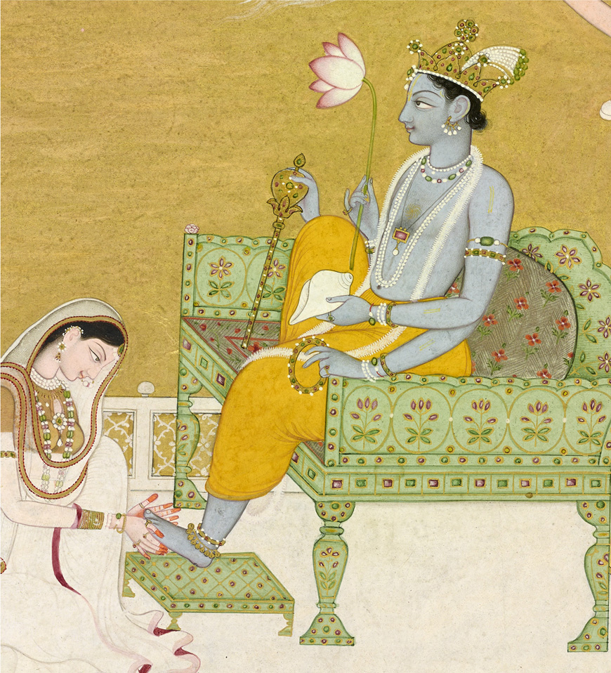 detail, The Goddess Lakshmi massaging the foot of Vishnu