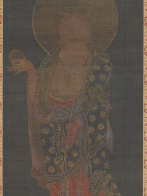 Painting of a Buddhist figure on silk, in faded tones.