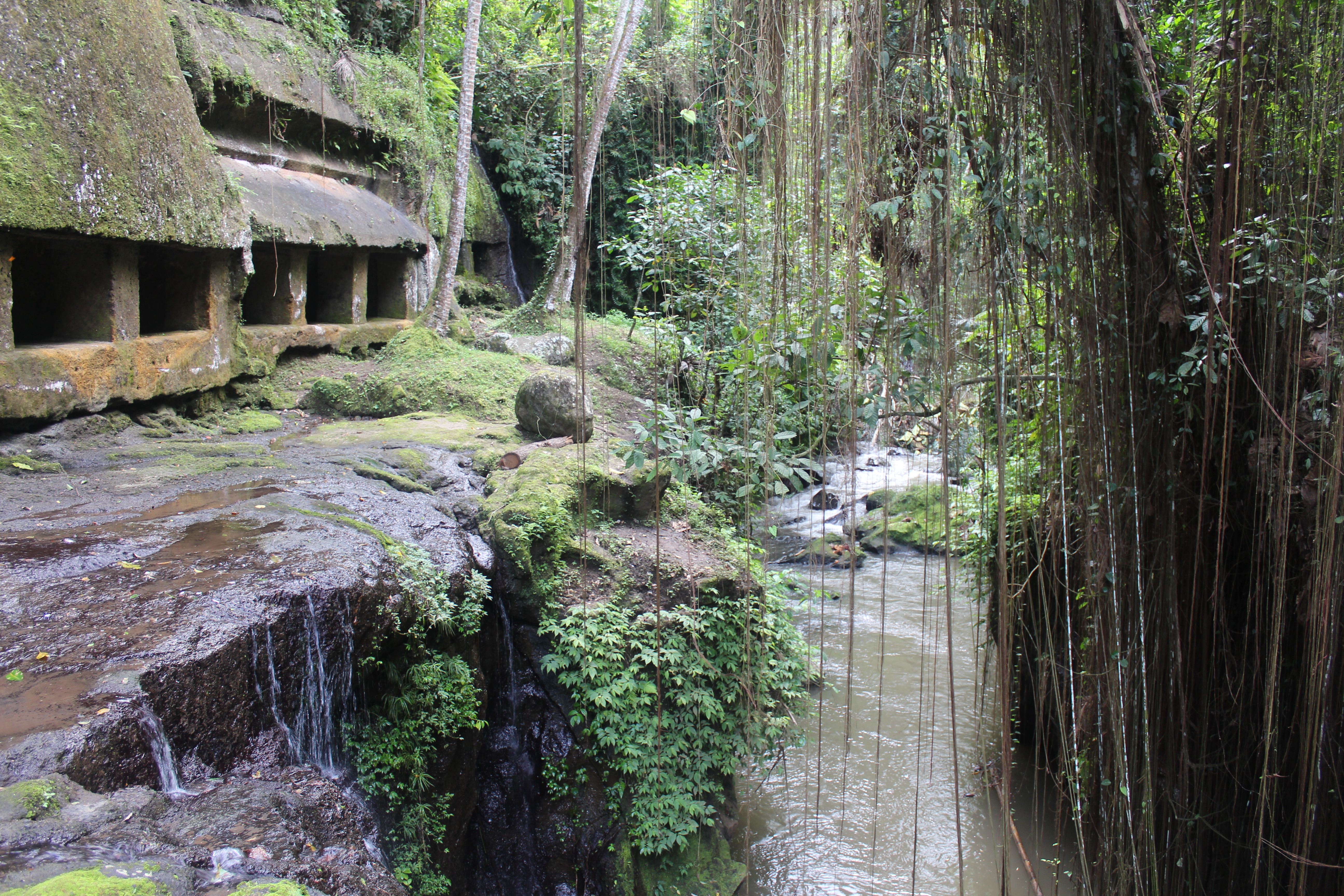 Rock-cut shrines with a river below