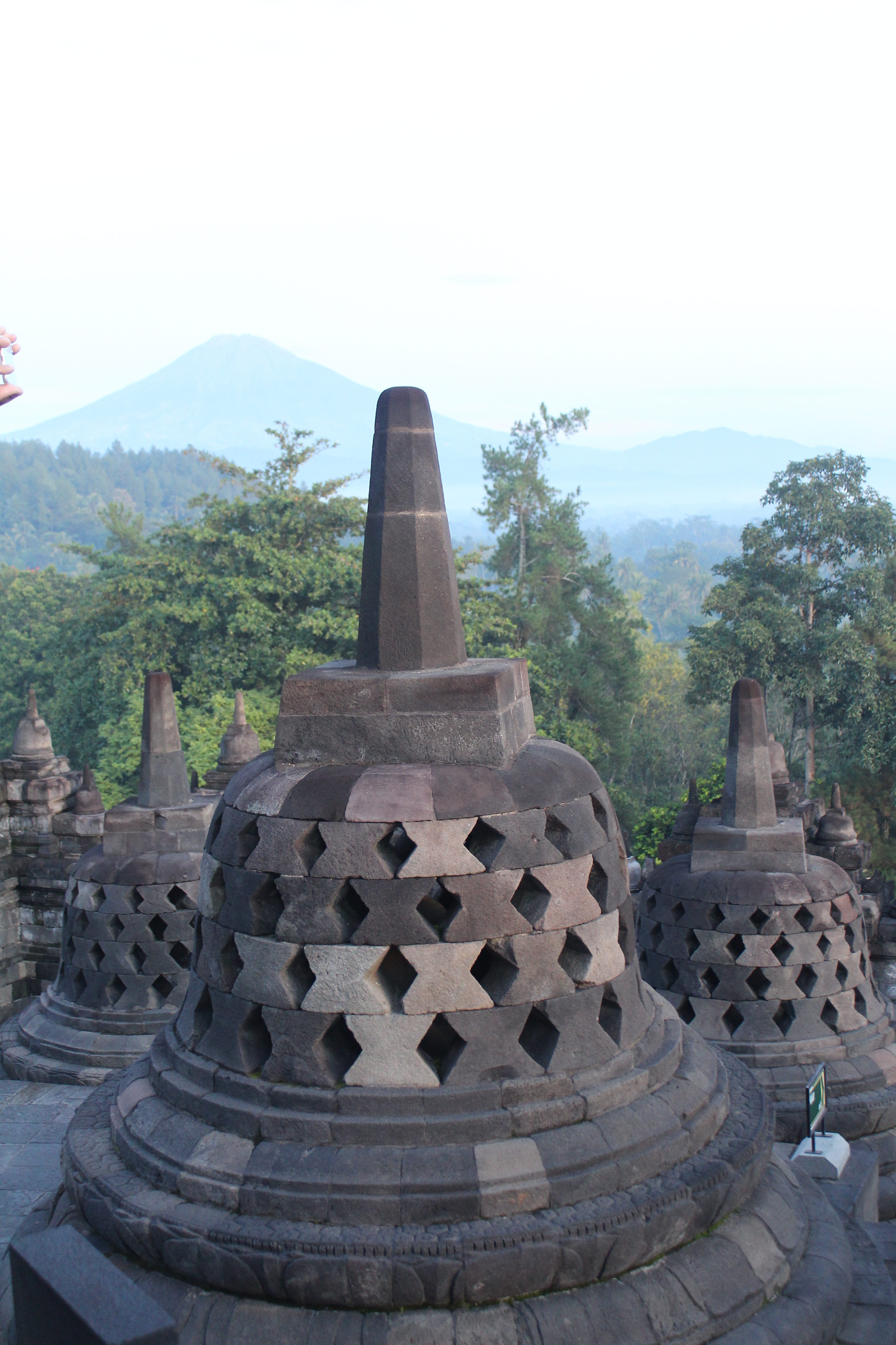 A cluster of stupas on descending levels, with green jungle and a mountain beyond