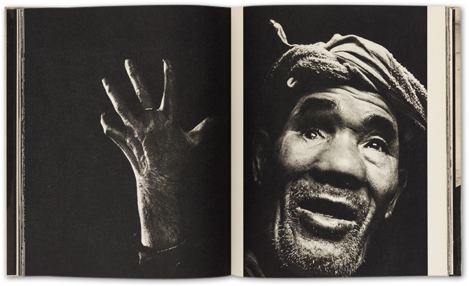a sample spread from the 11:02 Nagasaki photobook, a hand against a black background, and a man with a wrapped head against a black background