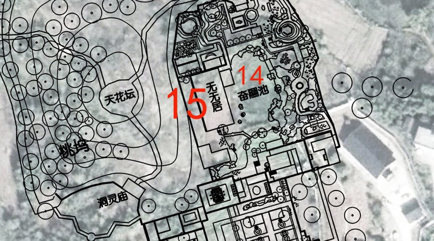 site plan showing buildings and architecture with red 14 and 15 denoting specific locations