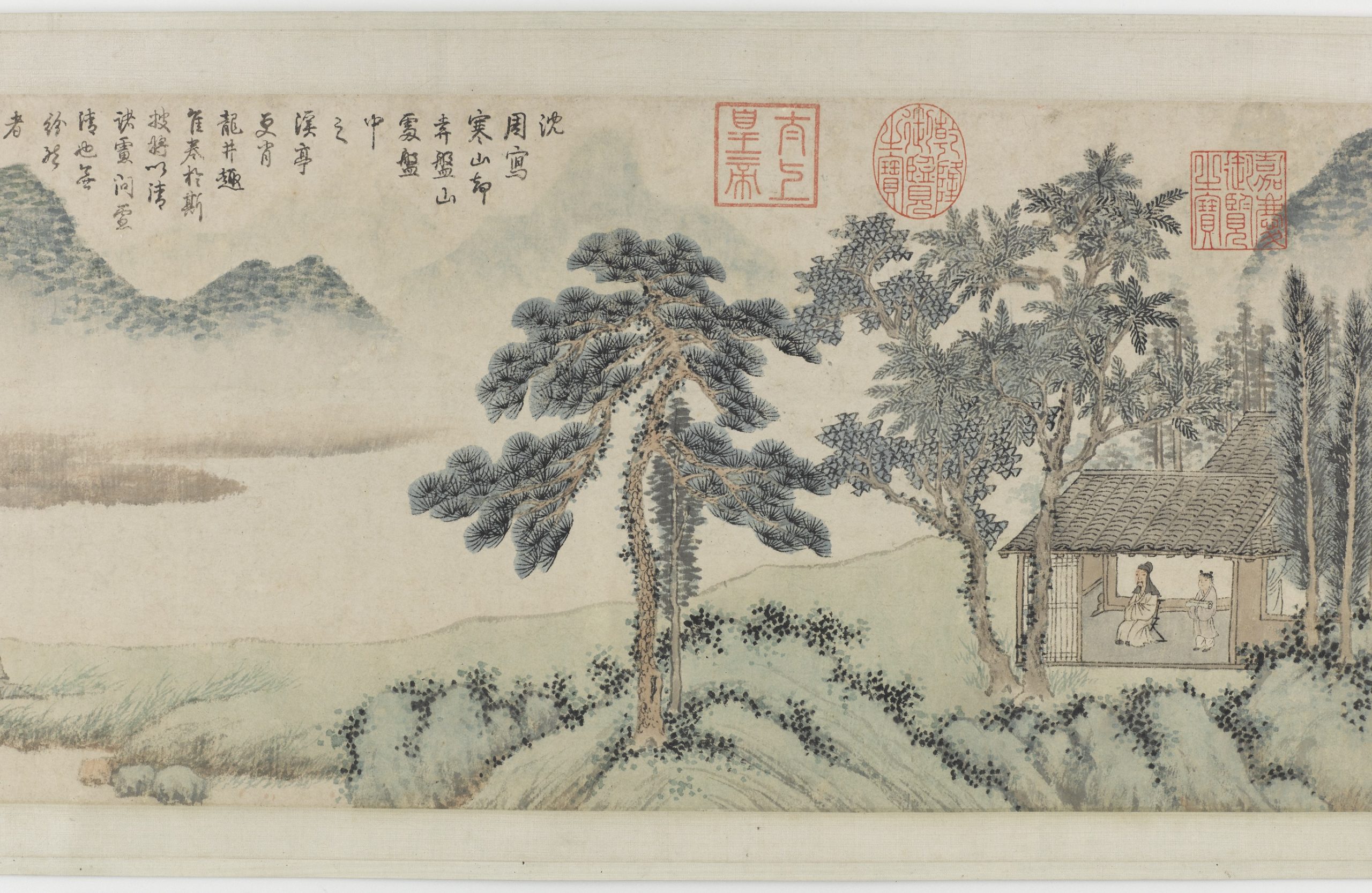 two people in a house under trees in a landscape