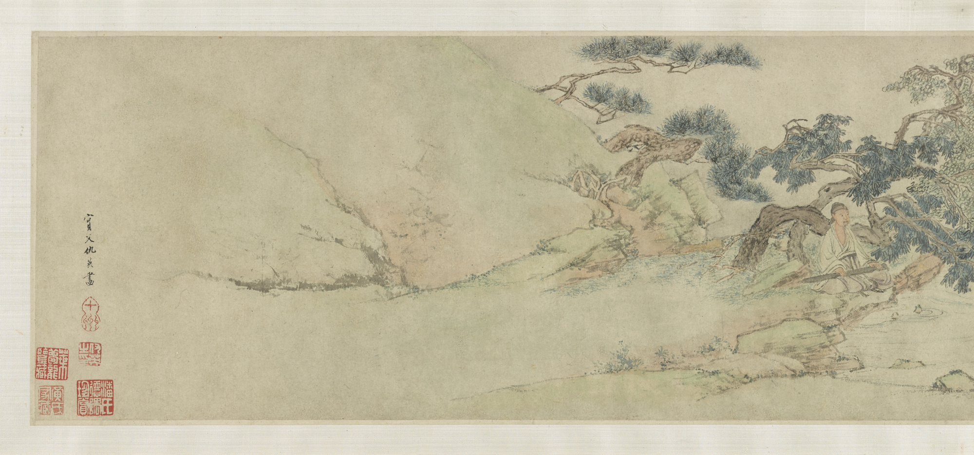 landscape painting on silk of people under a tree playing a zither