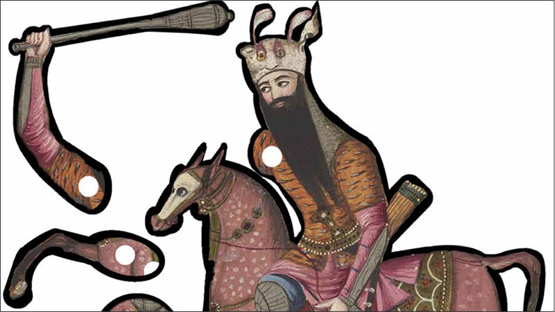 detail from a puppet template showing a bearded rider with a club