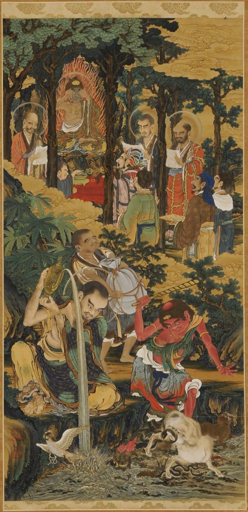 A rakan seated before a flaming mandorla peels off his face to reveal himself as Acala, or Fudō Myō'ō, the &quot;Immovable One.&quot;